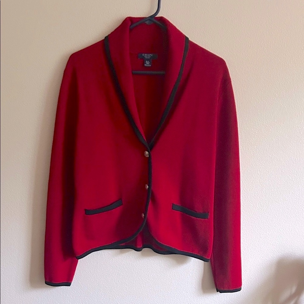 Classic Scarlet Blazer Black Trim 3 Silver Button Shawl Collar Sweater Jacket